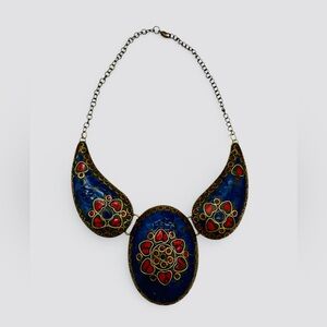 Tibetan Ethnic Lapis Lazuli and Red Statement Necklace on Brass- Mosaic Heart